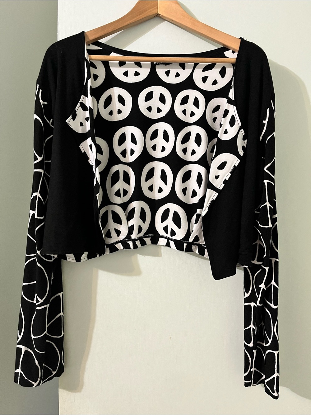 Rock N Karma Black & White Peace Sign Cropped Bomber Jacket